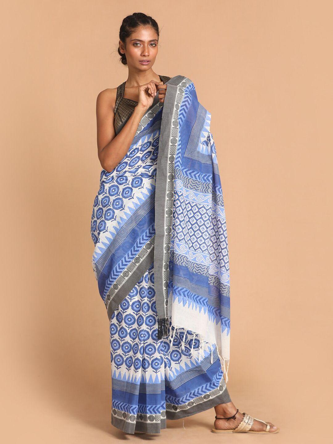 indethnic blue & white floral pure cotton printed saree