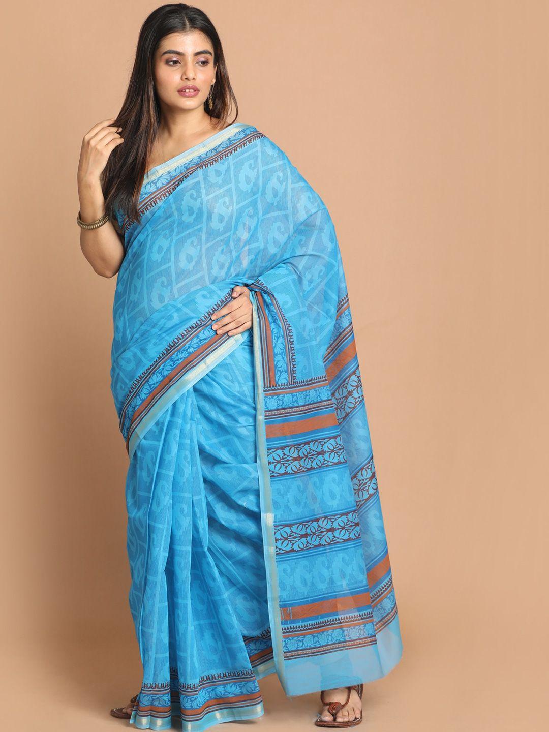 indethnic blue paisley printed zari saree