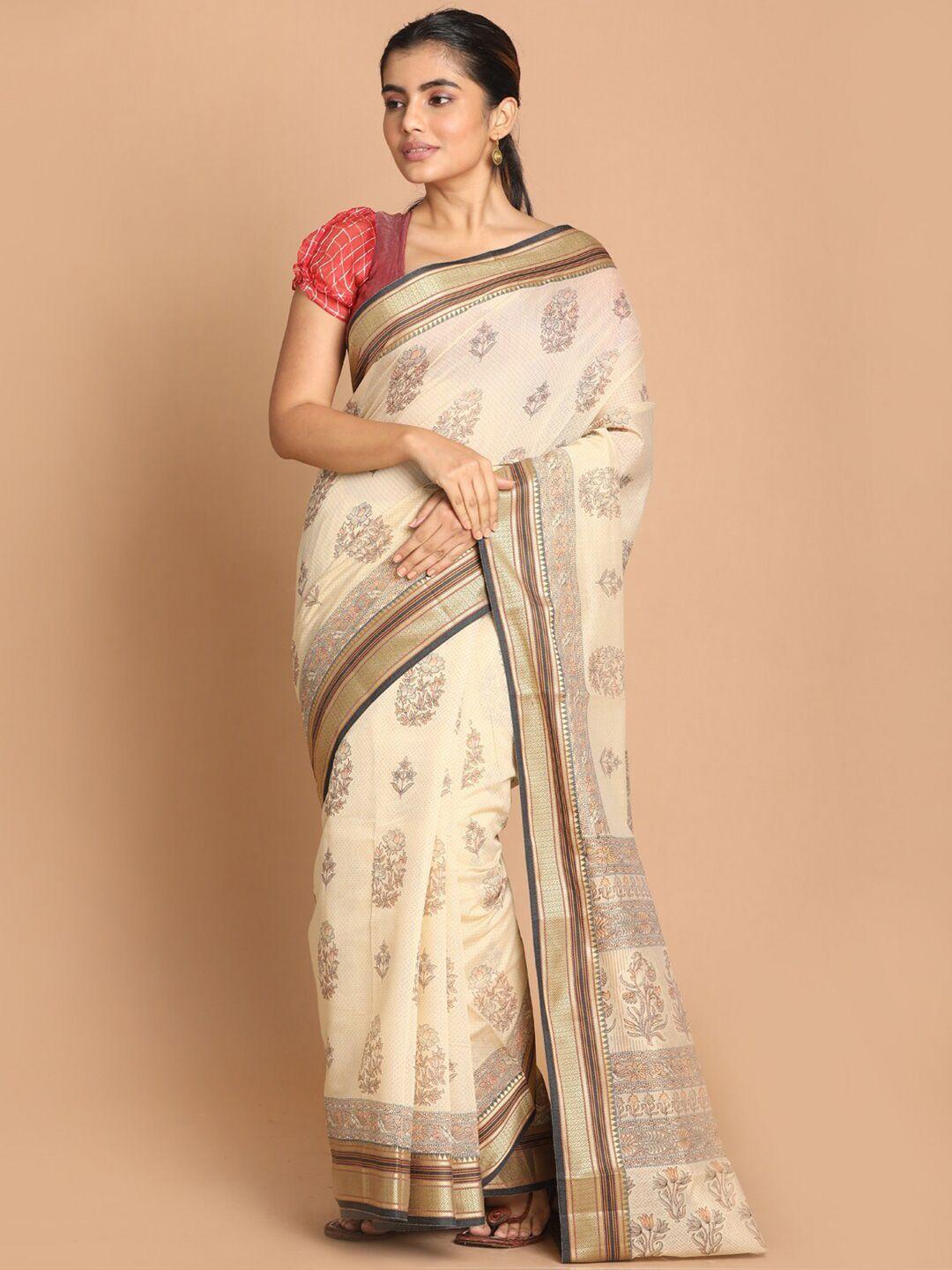 indethnic brown & gold-toned floral zari border saree