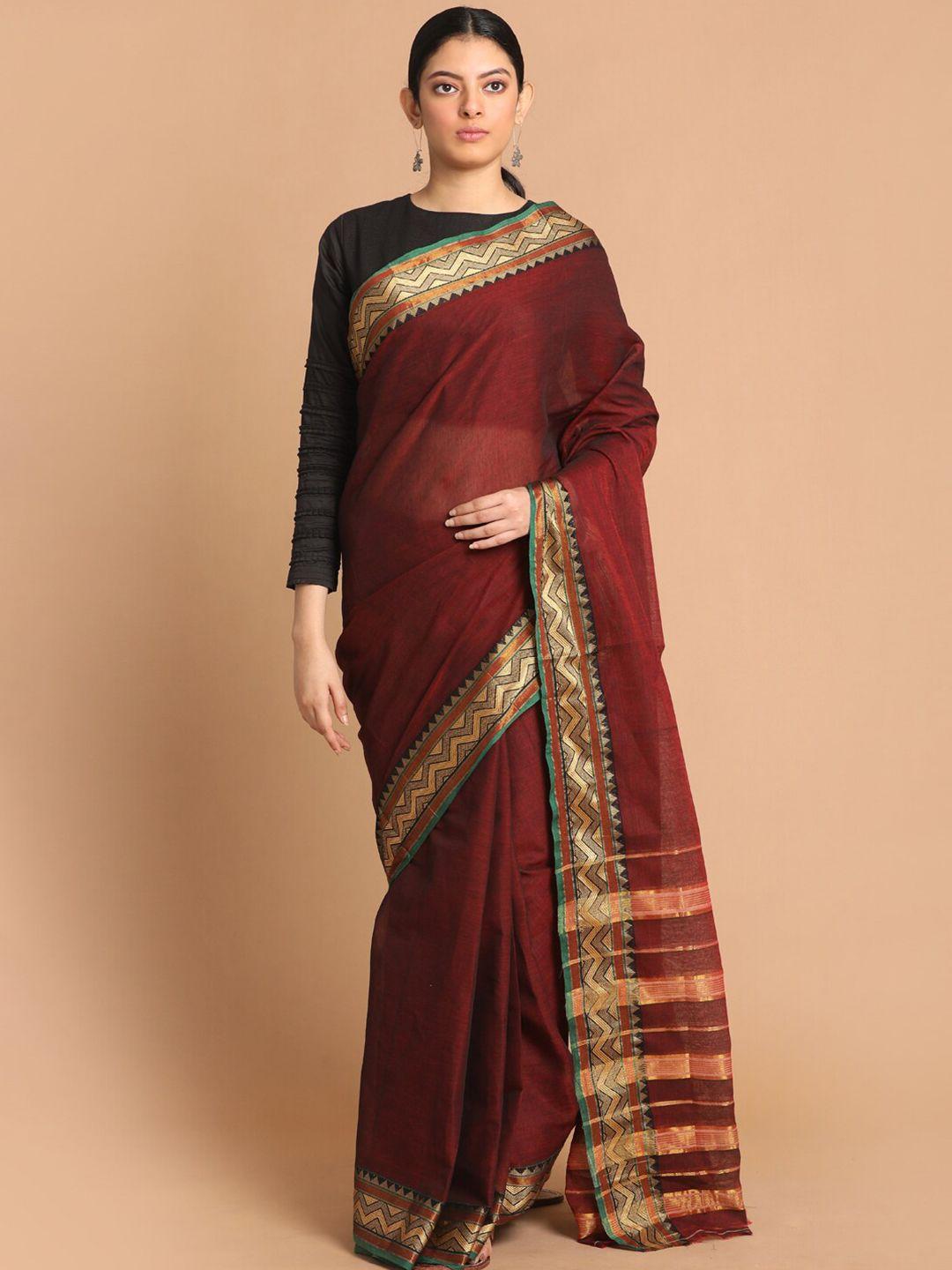 indethnic brown & green zari pure cotton saree