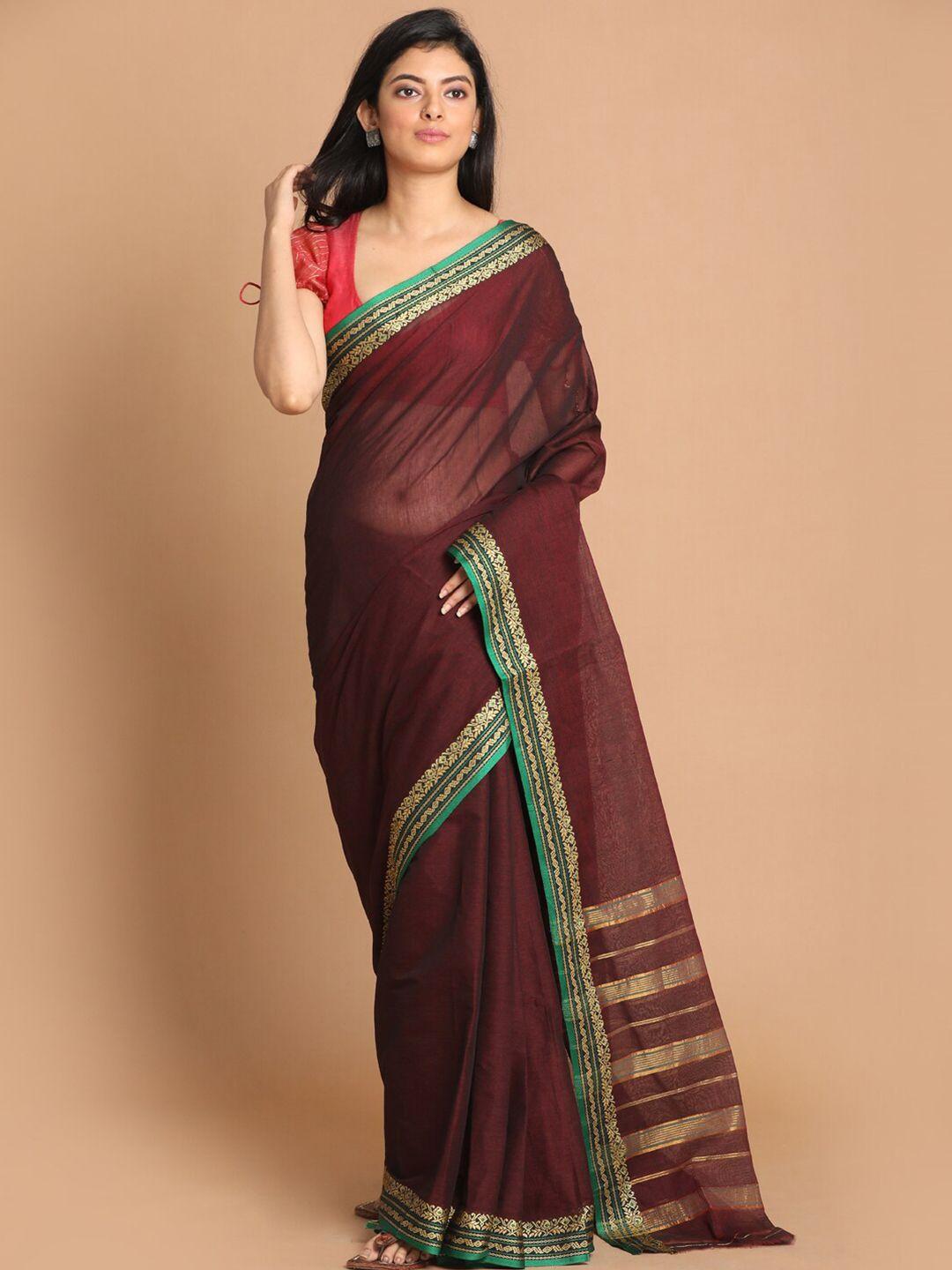 indethnic brown & green zari pure cotton saree