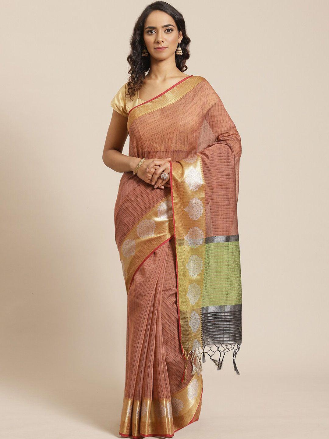 indethnic brown & grey checked banarasi saree