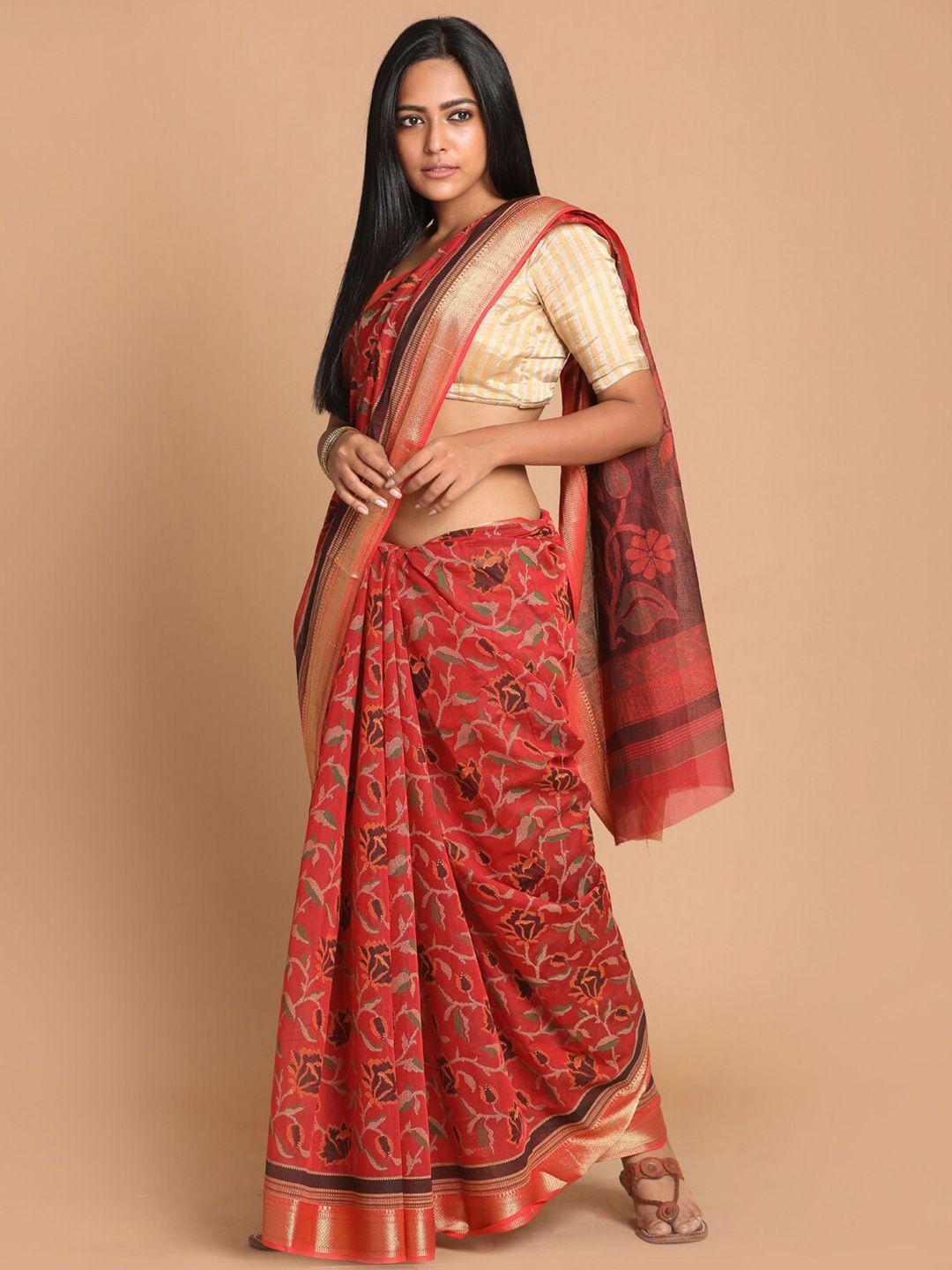 indethnic brown & orange floral saree