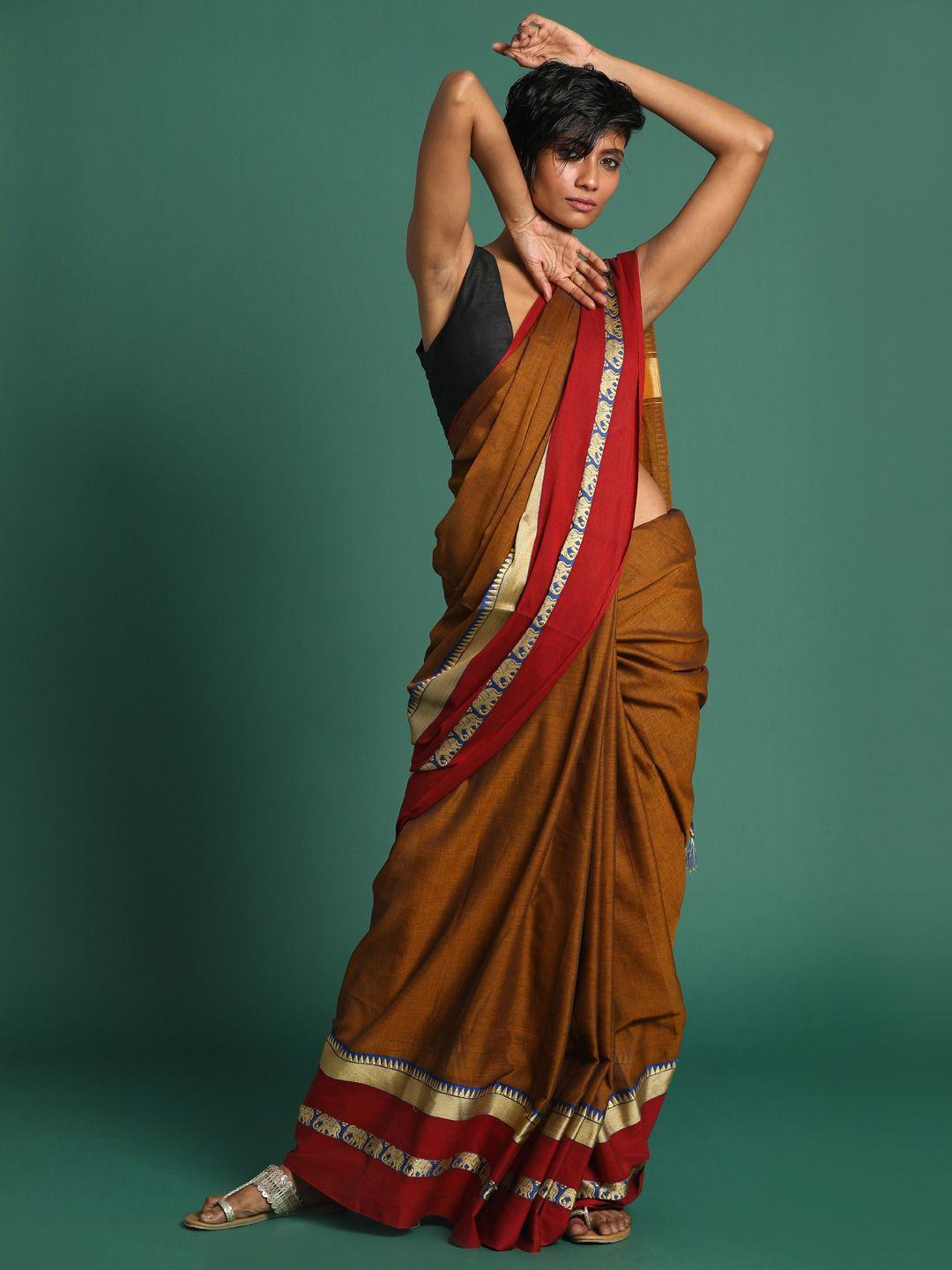 indethnic brown & red zari pure cotton mangalagiri saree