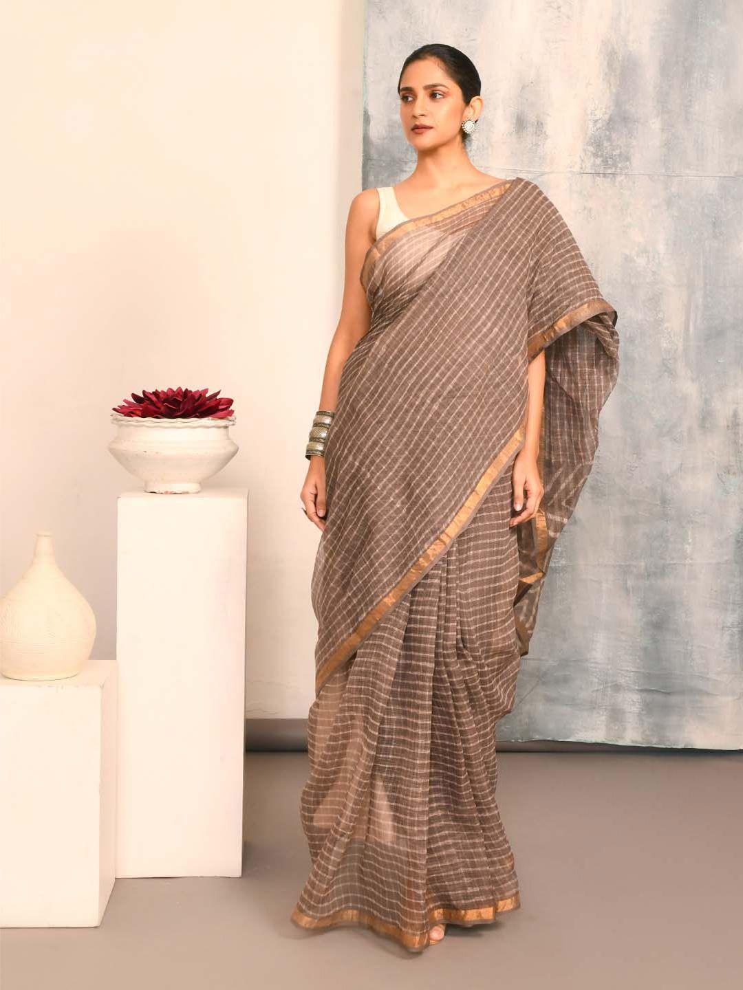 indethnic checked zari silk cotton bagru saree