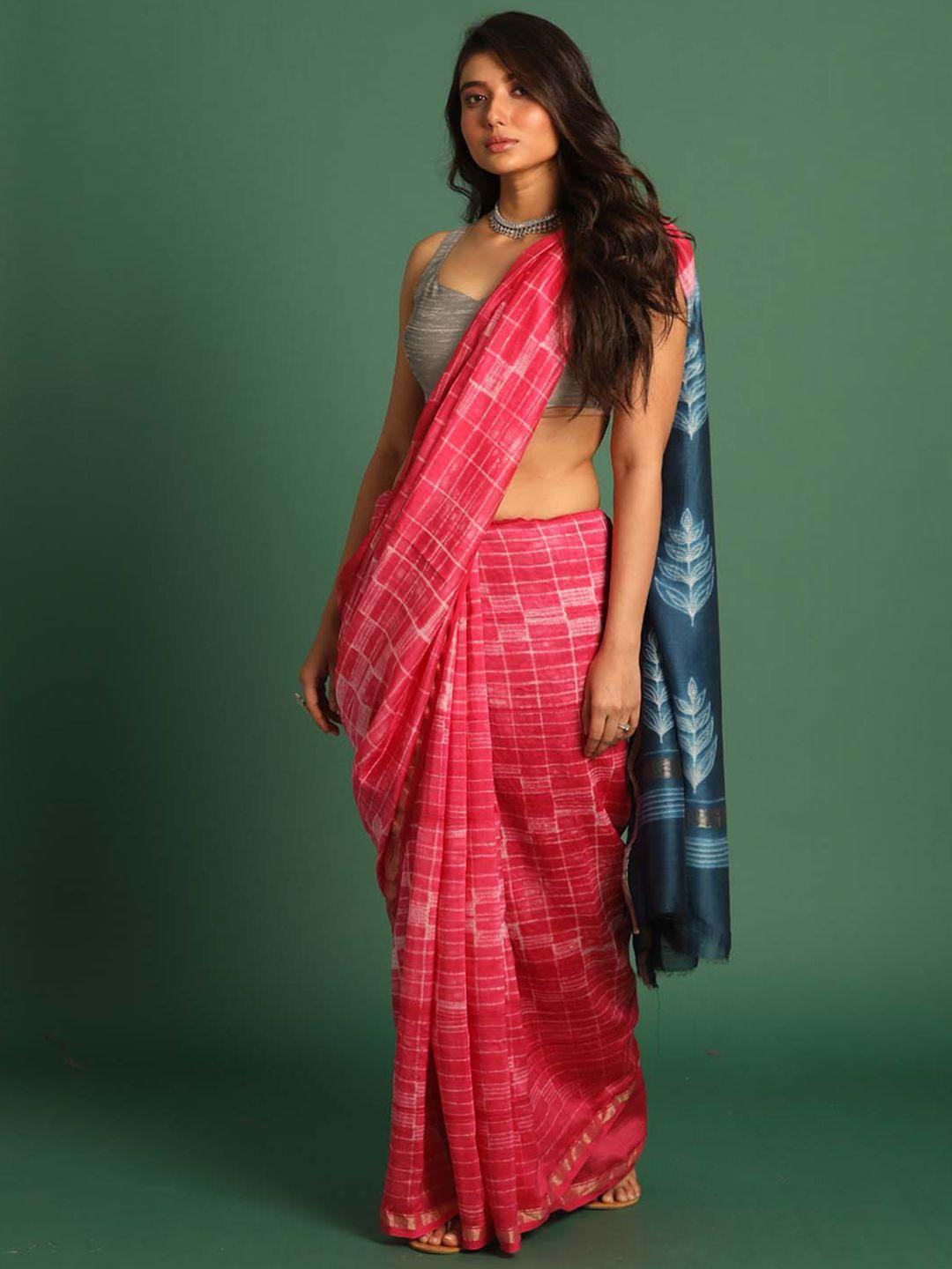 indethnic checked zari silk cotton chanderi saree