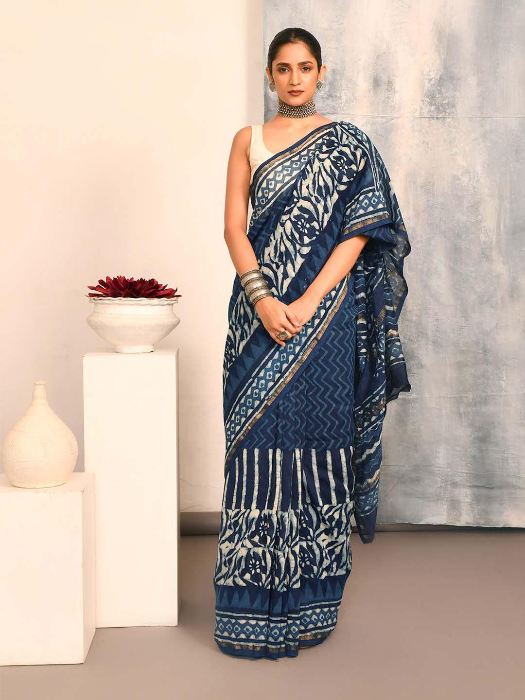 indethnic chevron printed zari silk cotton bagru saree