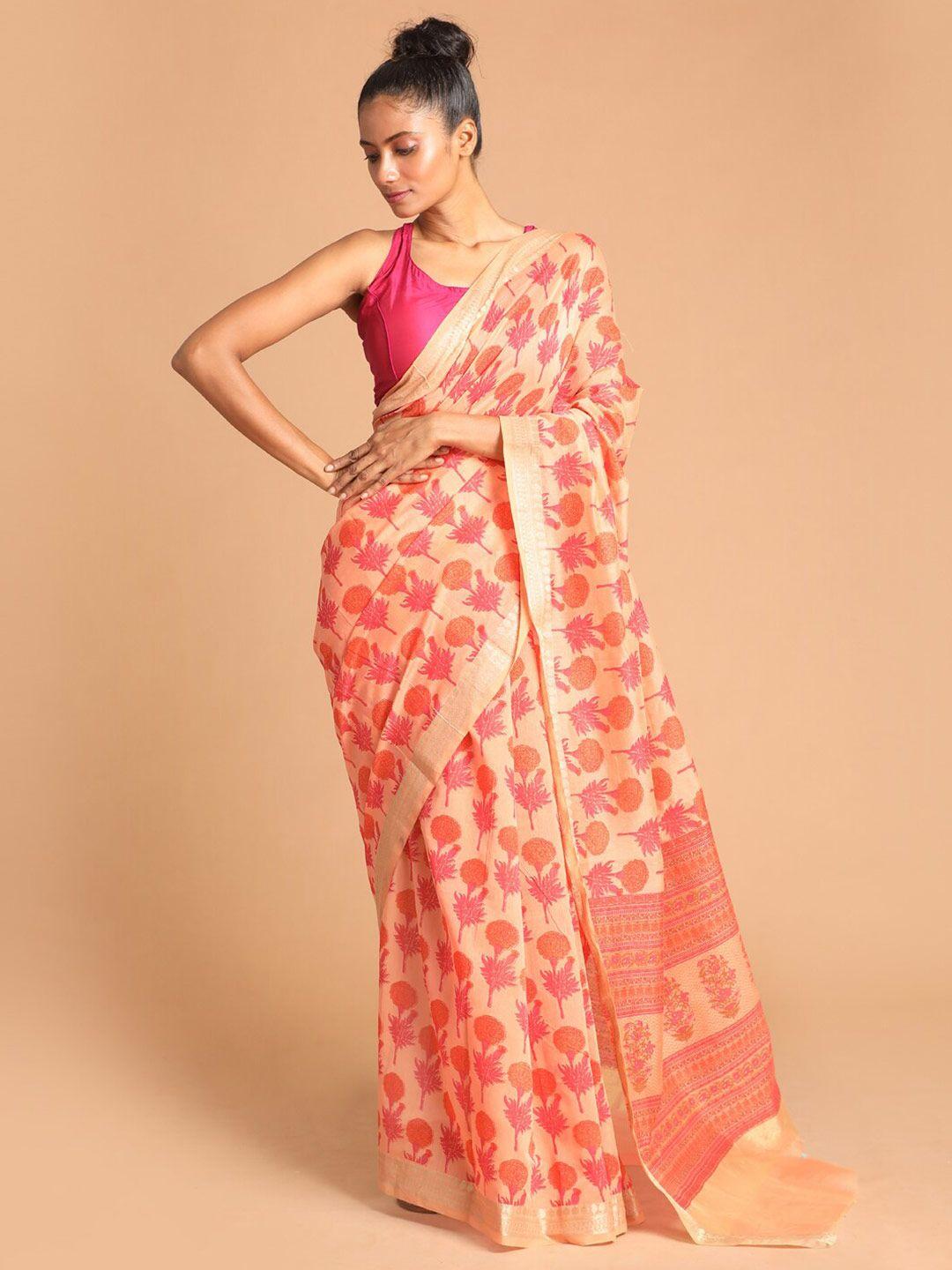 indethnic coral & gold ethnic motifs zari saree