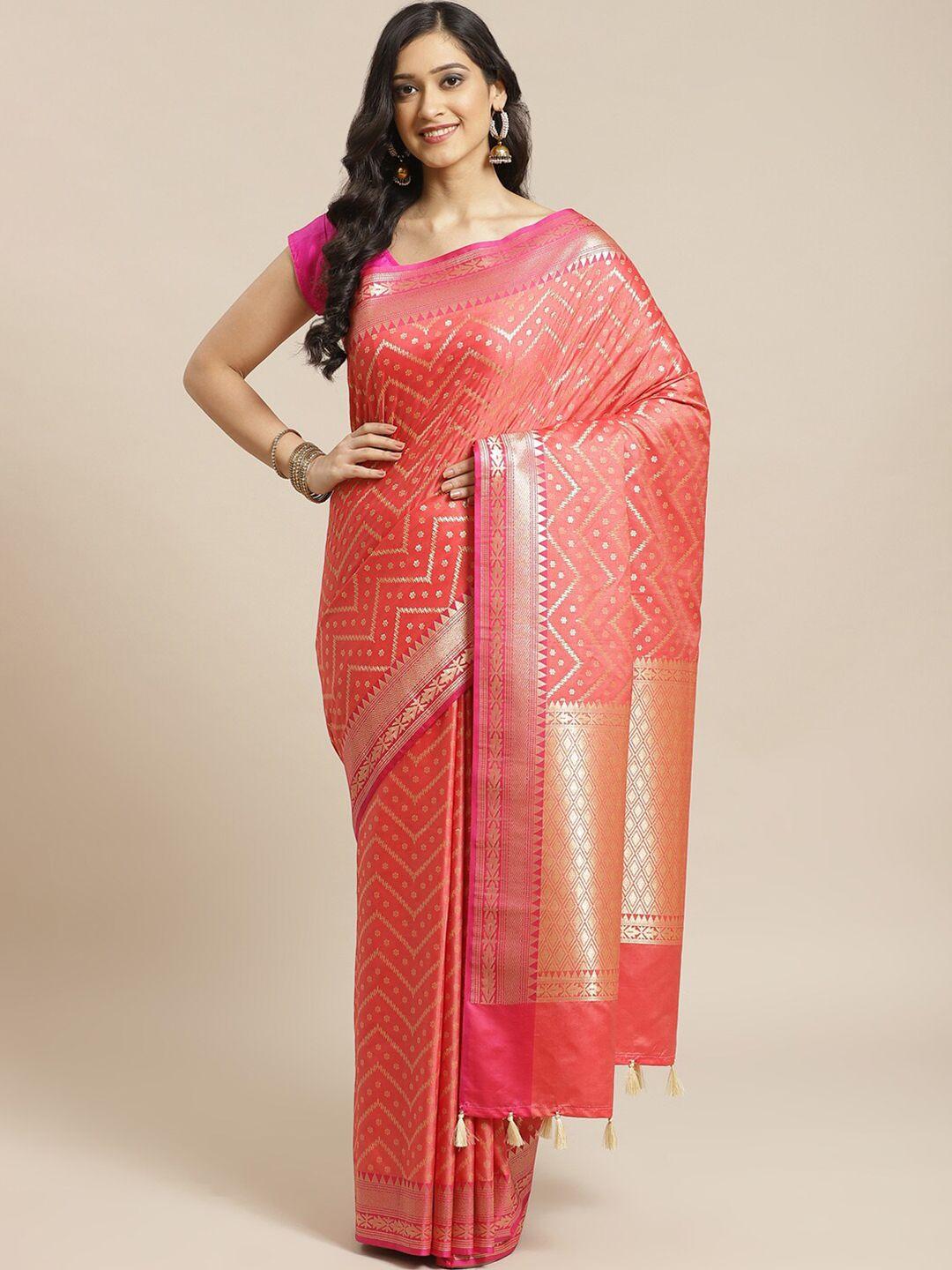 indethnic coral & gold-toned ethnic motifs zari banarasi saree