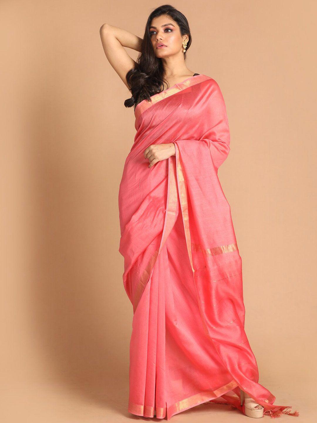 indethnic coral & gold-toned ethnic motifs zari banarasi silk cotton saree