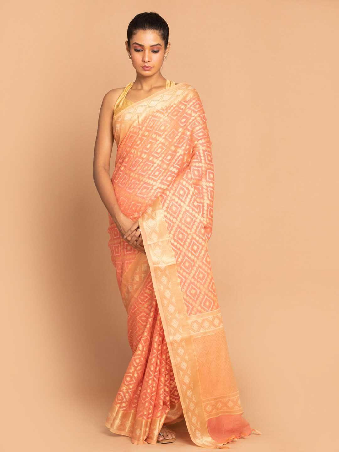 indethnic coral & gold-toned woven design linen blend banarasi saree