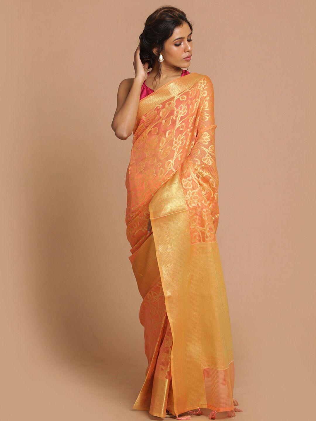 indethnic coral & gold-toned woven design zari banarasi saree