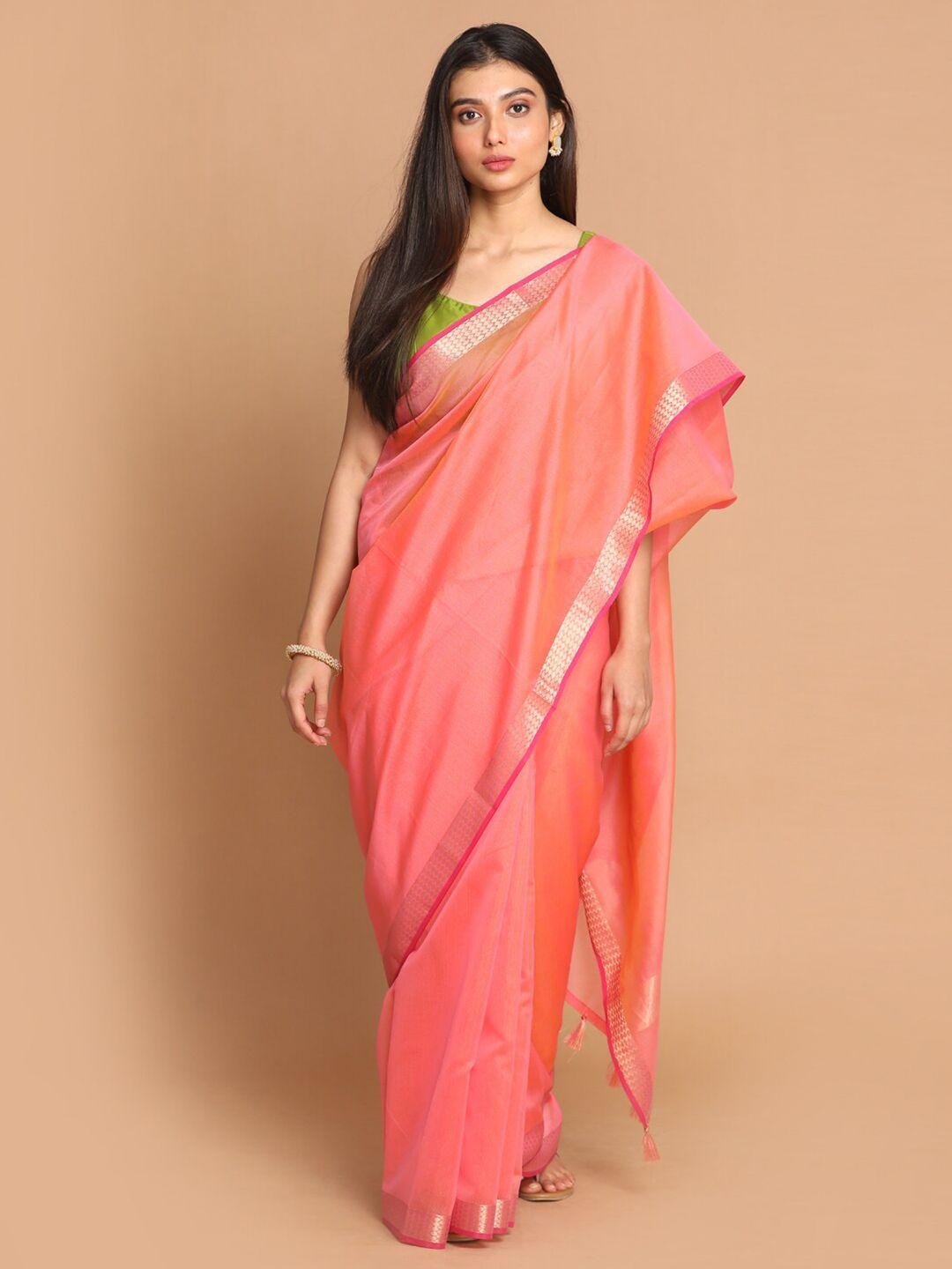 indethnic coral & gold-toned zari banarasi saree