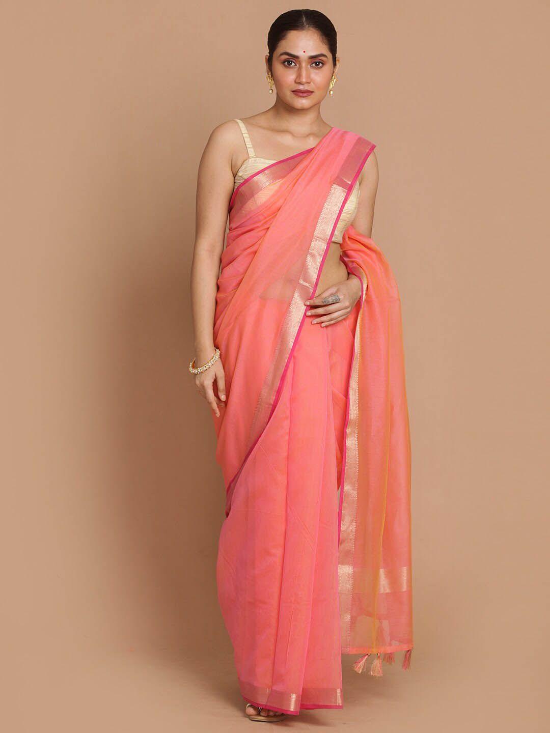 indethnic coral & gold-toned zari banarasi saree