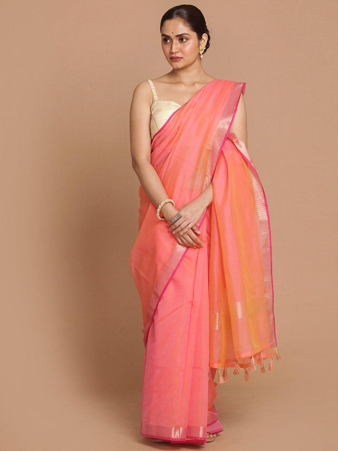 indethnic coral & pink zari banarasi saree