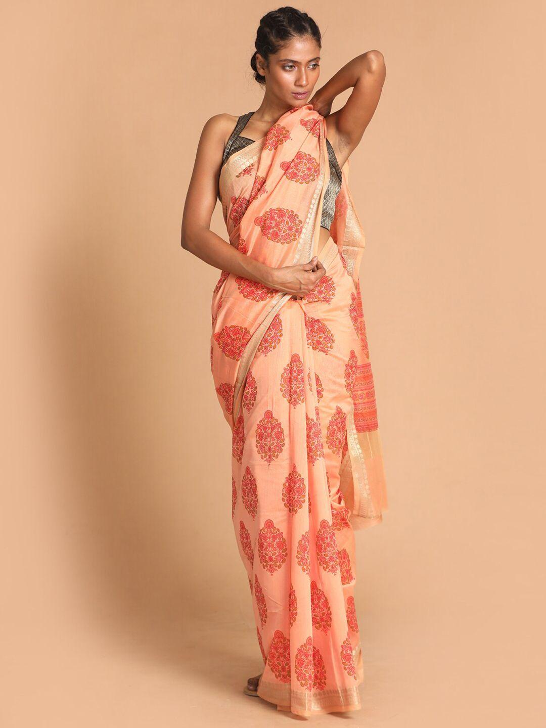 indethnic coral & red ethnic motifs zari saree