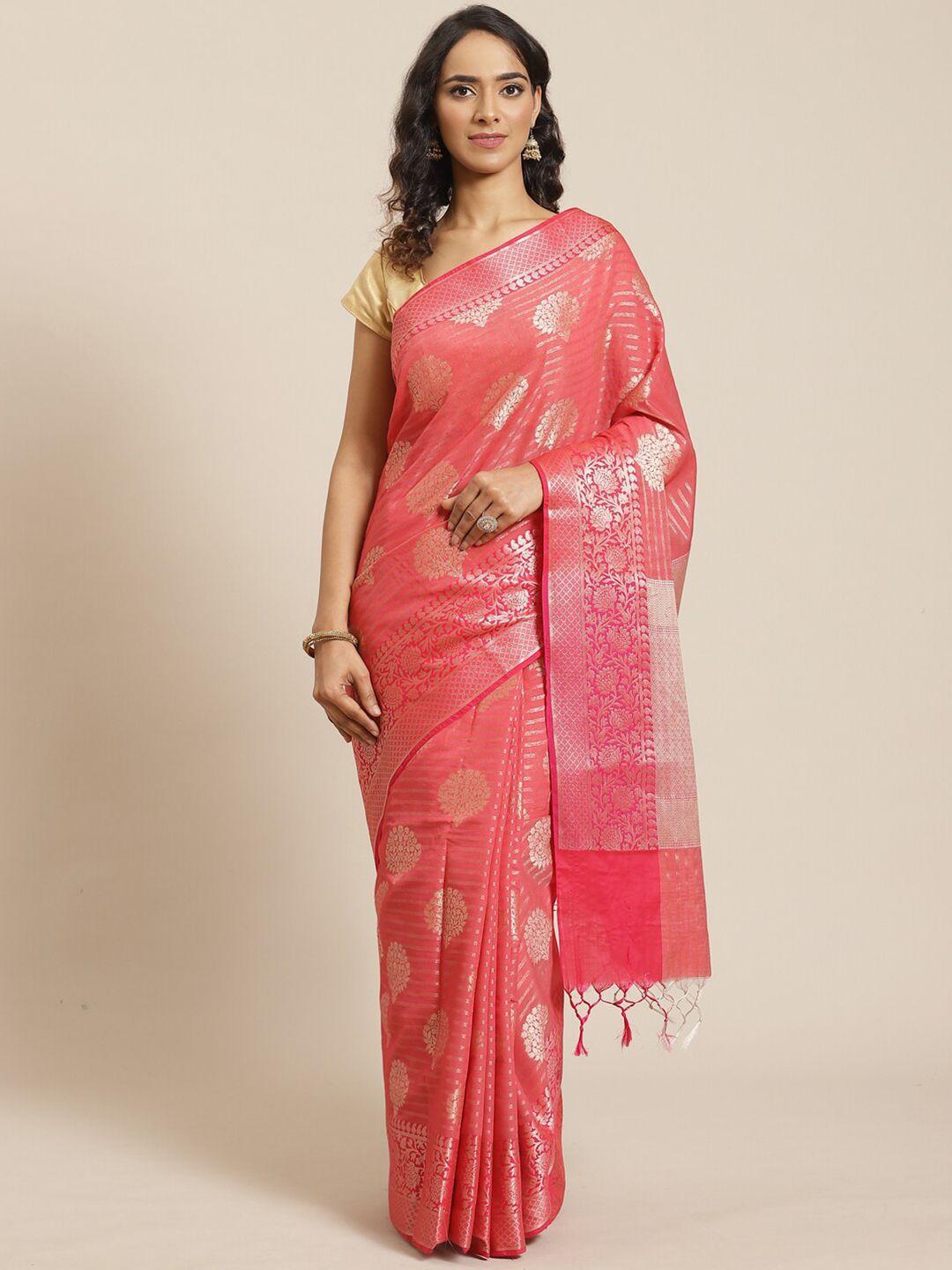 indethnic coral & silver-toned ethnic motifs zari banarasi saree