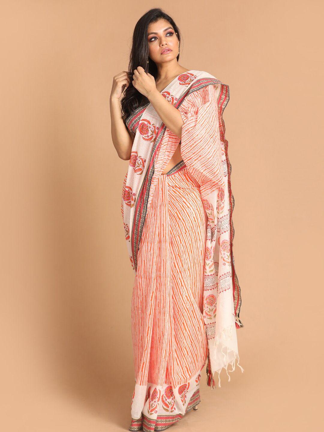 indethnic coral & white ethnic motifs pure cotton block print saree