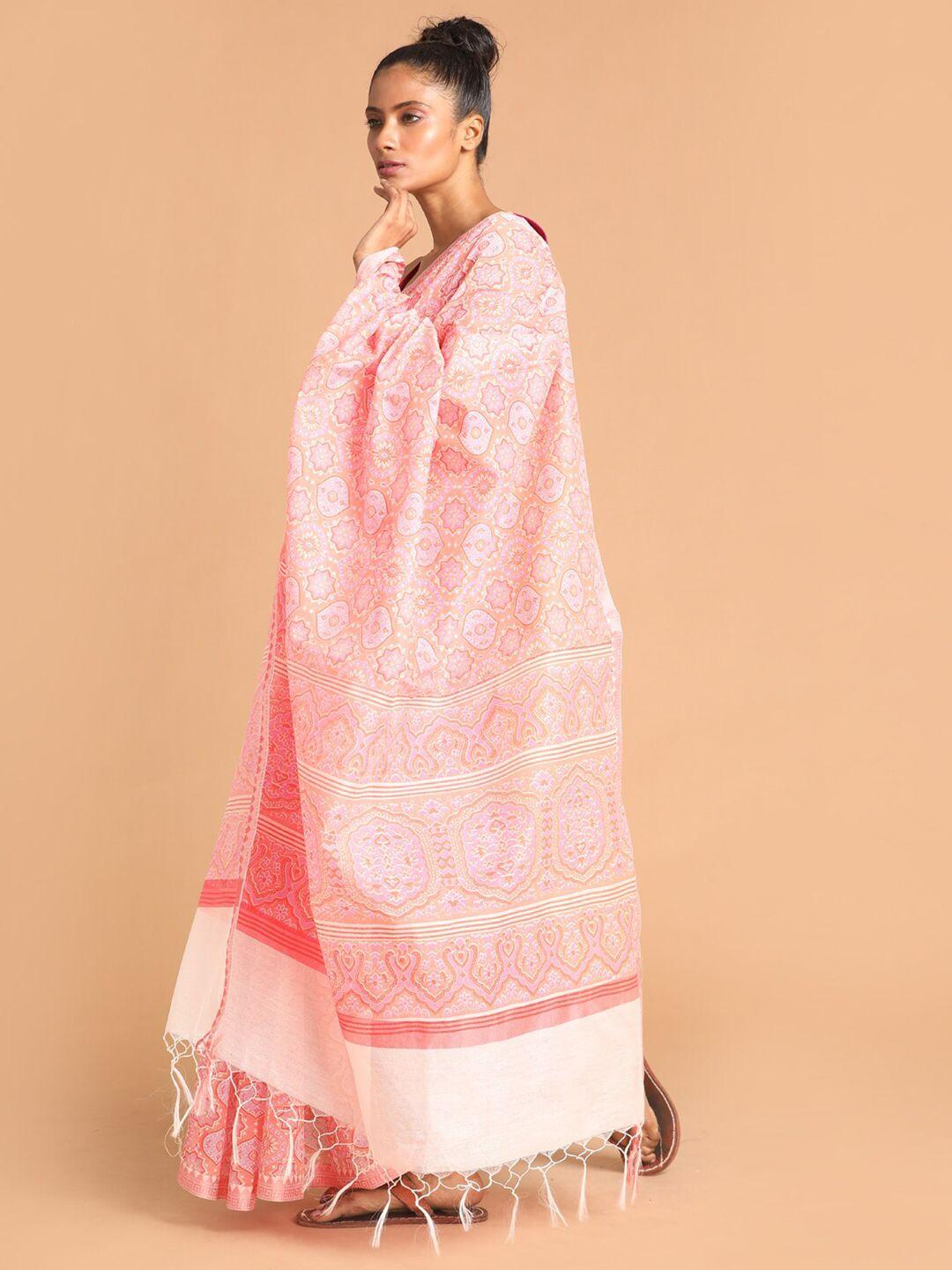 indethnic coral & white ethnic motifs saree