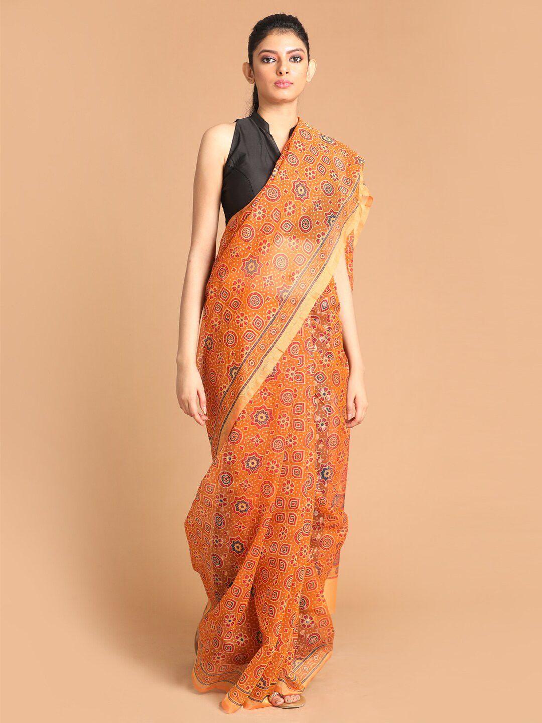 indethnic coral ethnic motifs printed saree