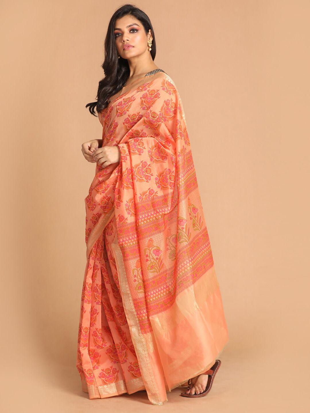 indethnic coral ethnic motifs printed saree