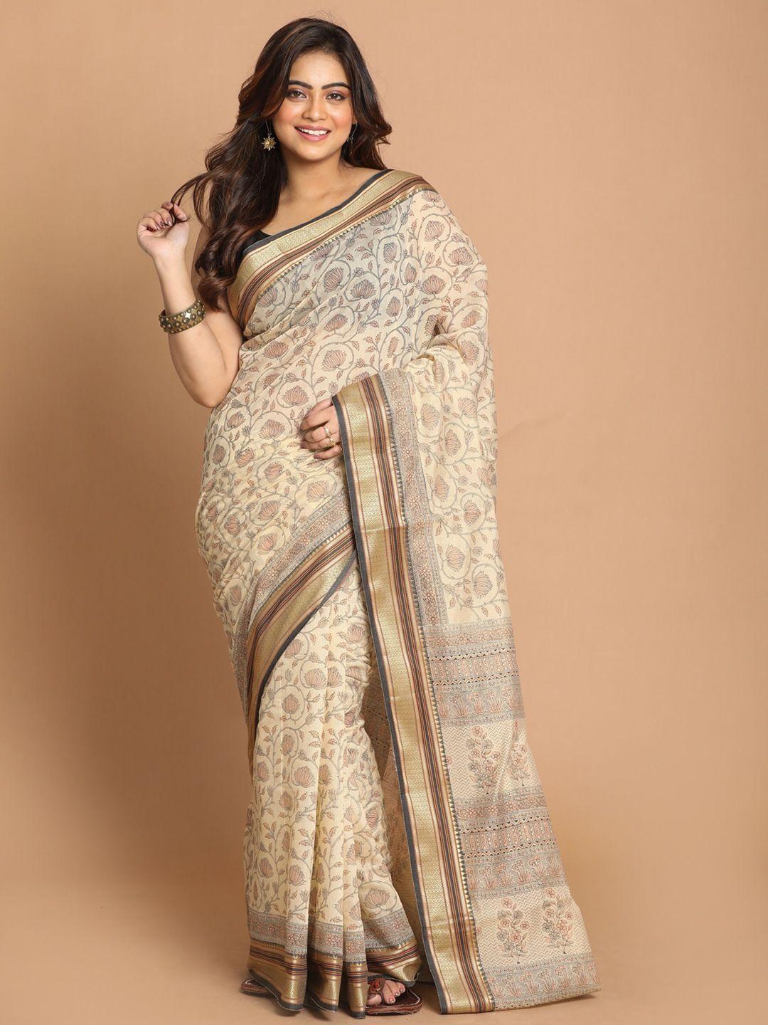 indethnic cream-coloured & black floral printed saree