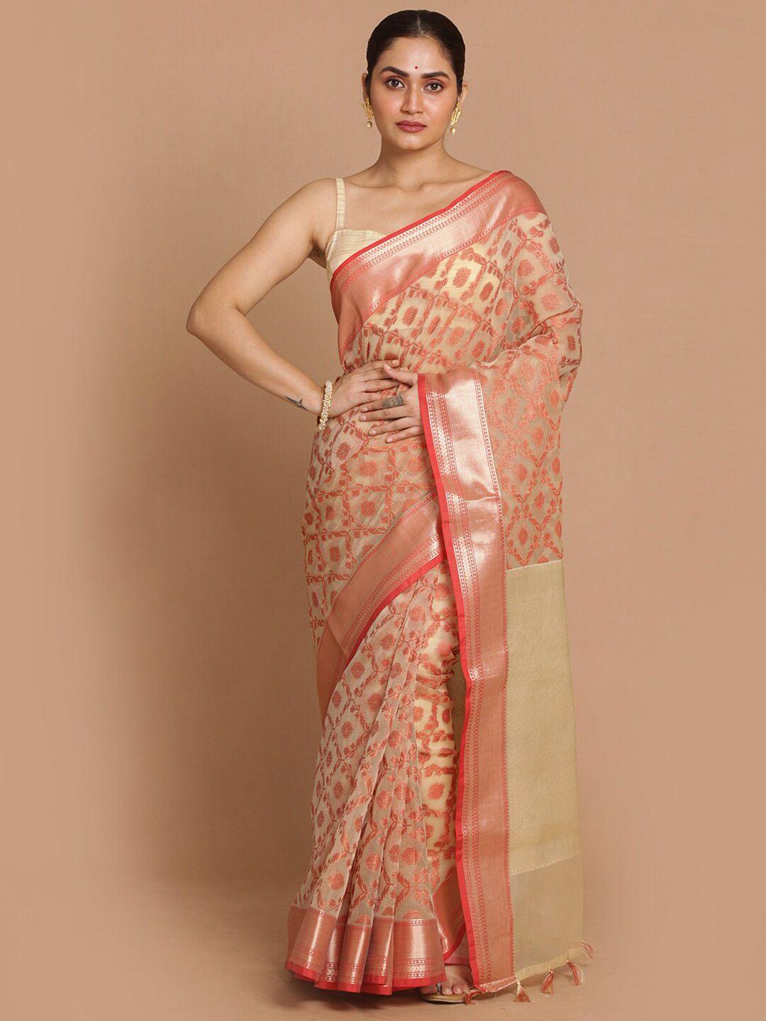 indethnic cream-coloured & gold-toned ethnic motifs zari banarasi saree