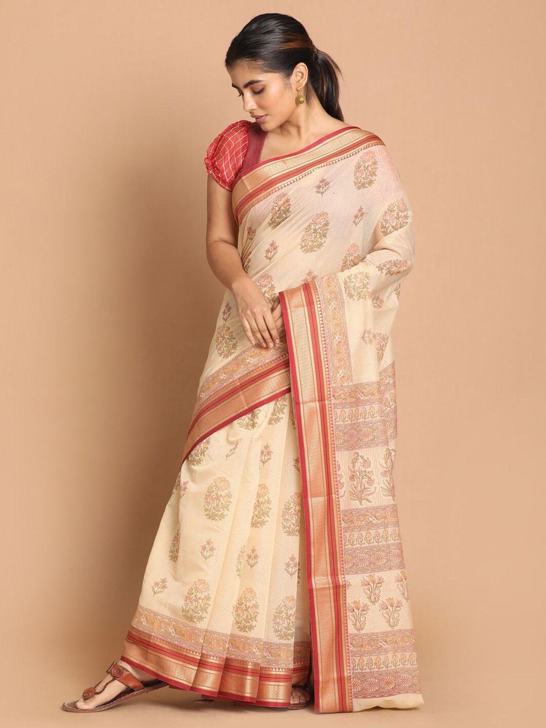 indethnic cream-coloured & maroon ethnic motifs saree