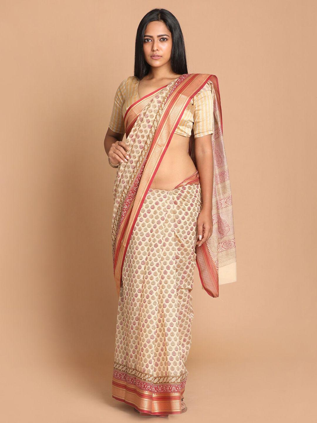 indethnic cream-coloured & maroon ethnic motifs zari saree