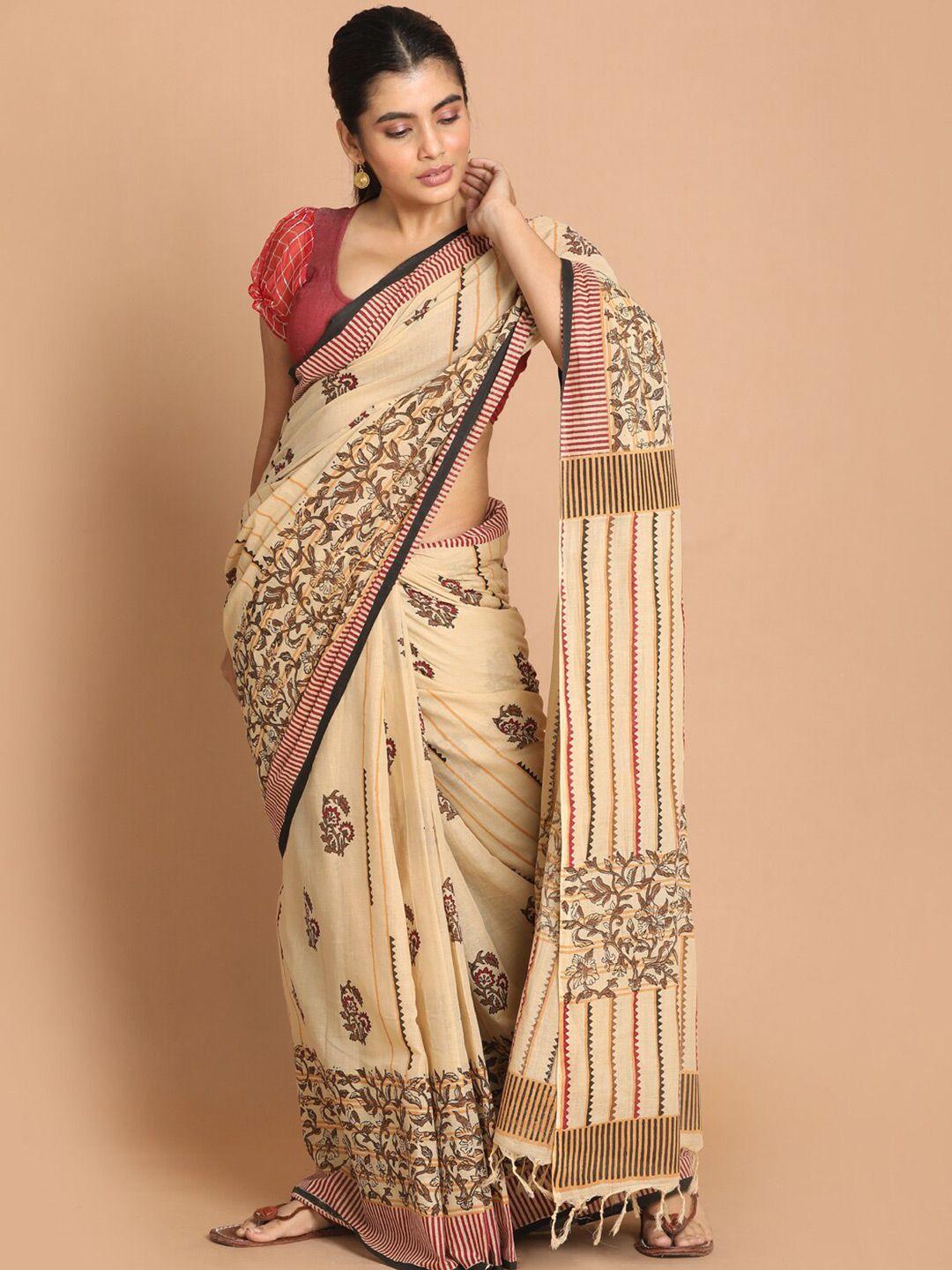 indethnic cream-coloured & maroon kalamkari pure cotton saree