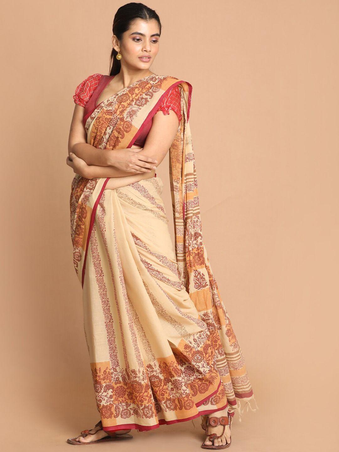 indethnic cream-coloured & maroon kalamkari pure cotton saree