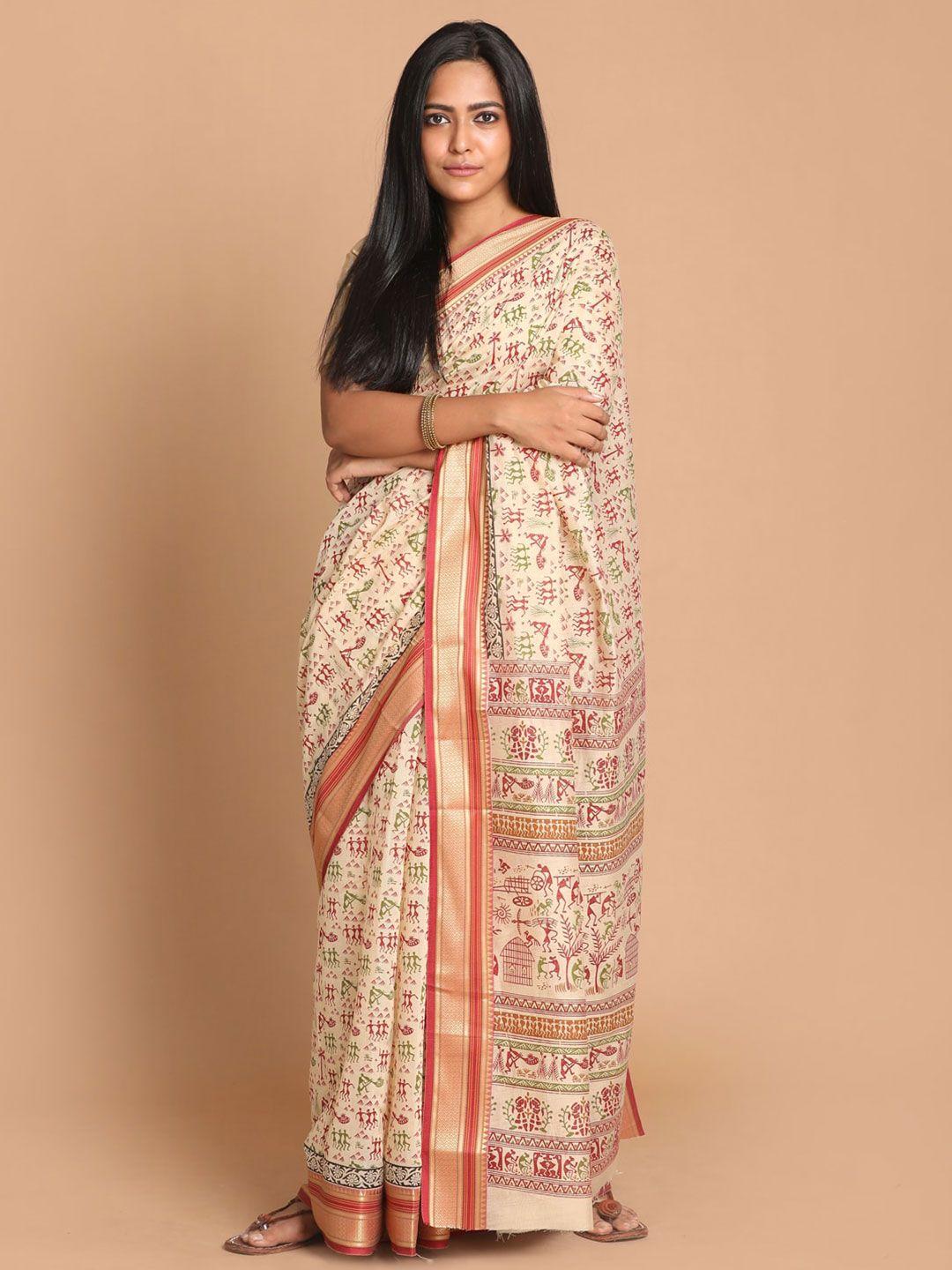 indethnic cream-coloured & maroon printed saree