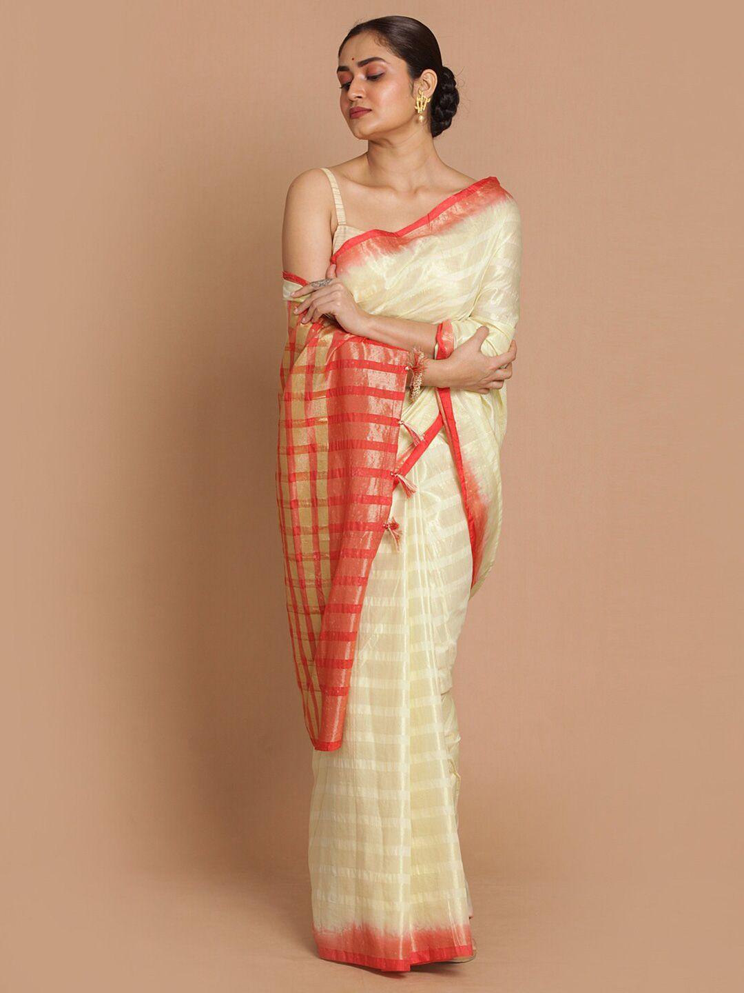 indethnic cream-coloured checked zari banarasi saree