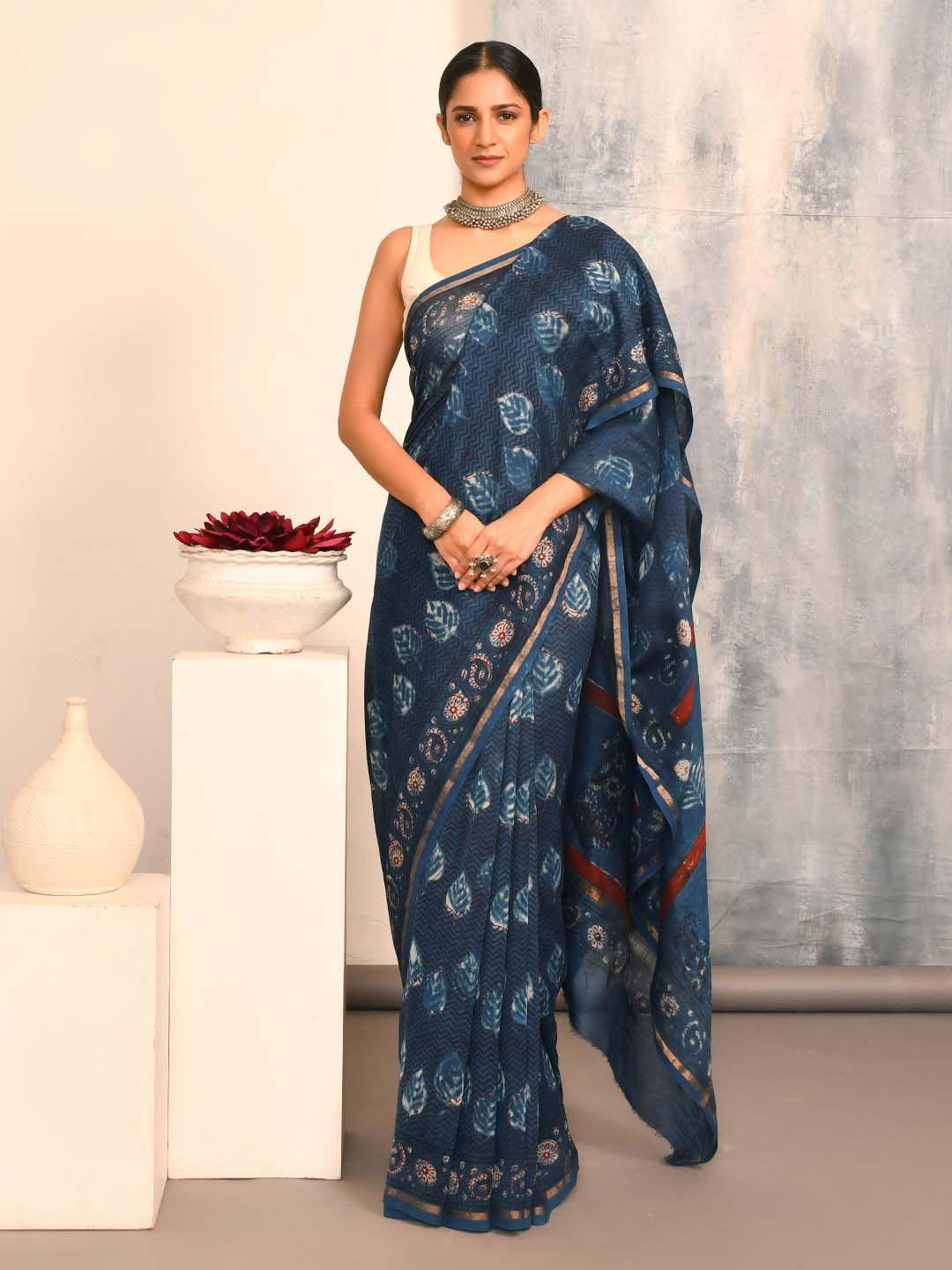 indethnic ethnic motifs printed zari silk cotton bagru saree