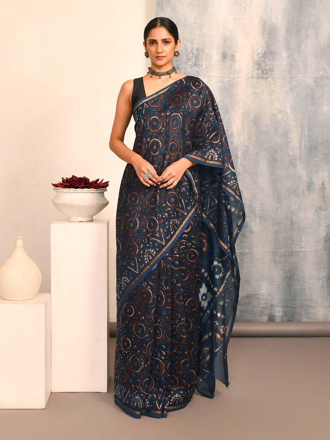 indethnic ethnic motifs printed zari silk cotton bagru saree