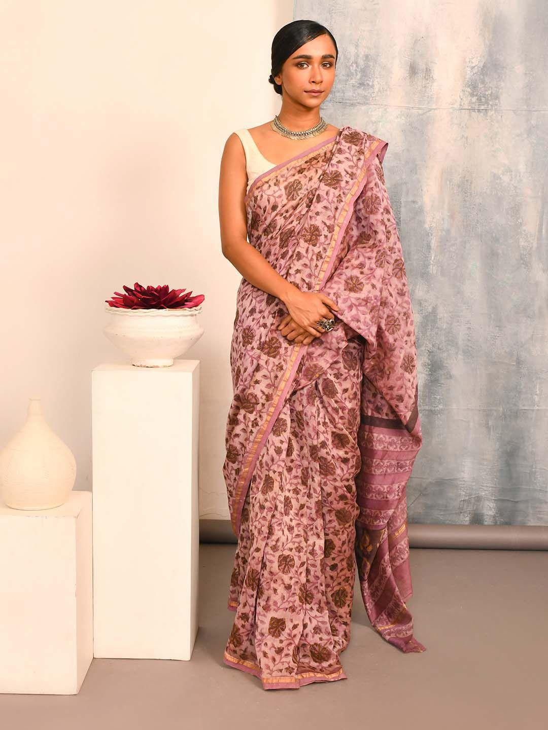 indethnic floral printed zari silk cotton bagru saree