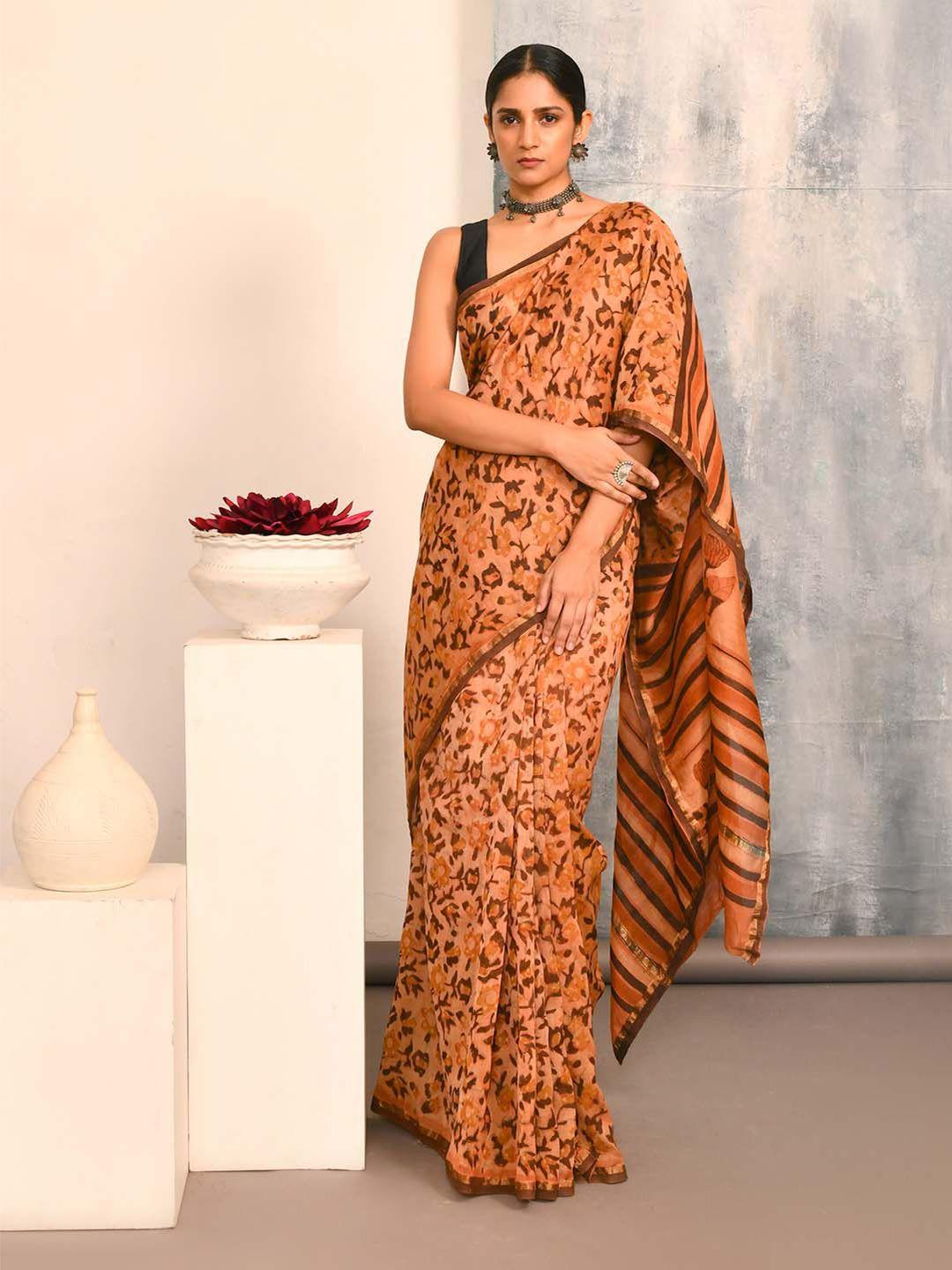 indethnic floral printed zari silk cotton bagru saree