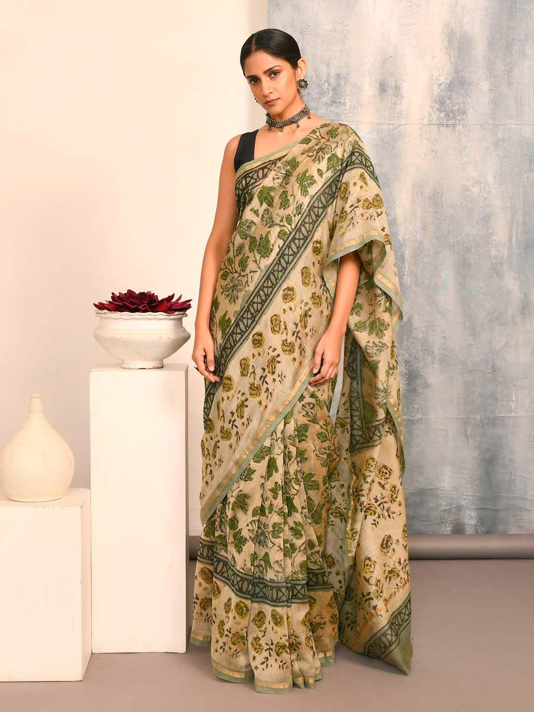 indethnic floral printed zari silk cotton bagru saree