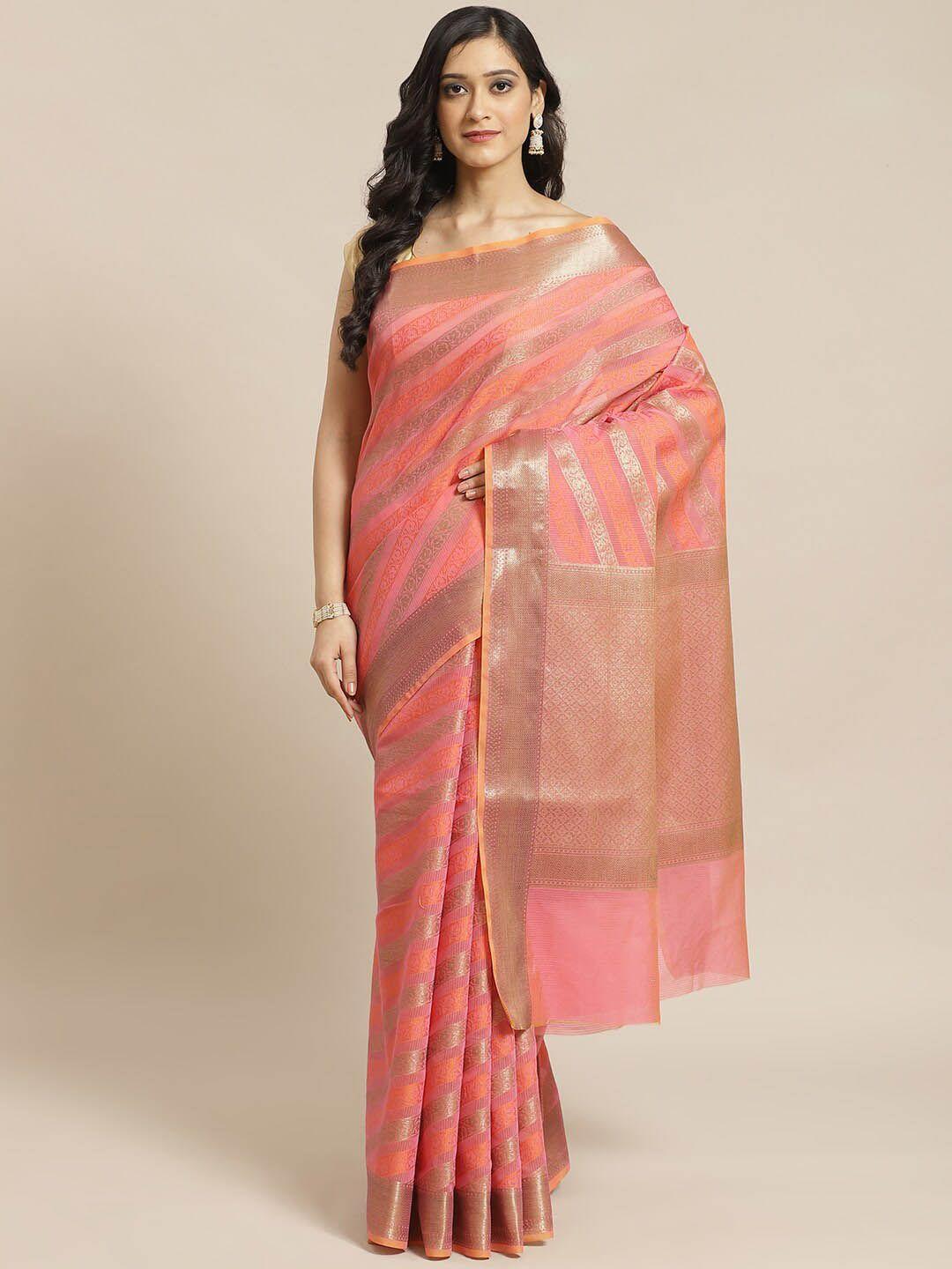 indethnic fuchsia & gold striped zari banarasi saree