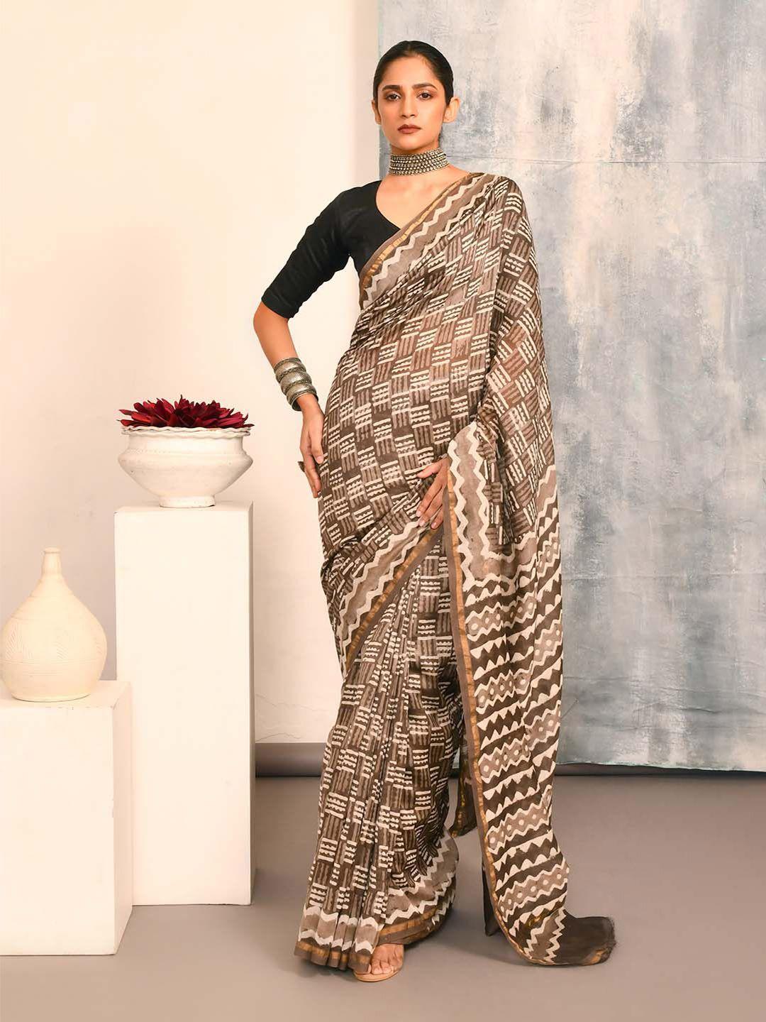 indethnic geometric printed zari silk cotton bagru saree