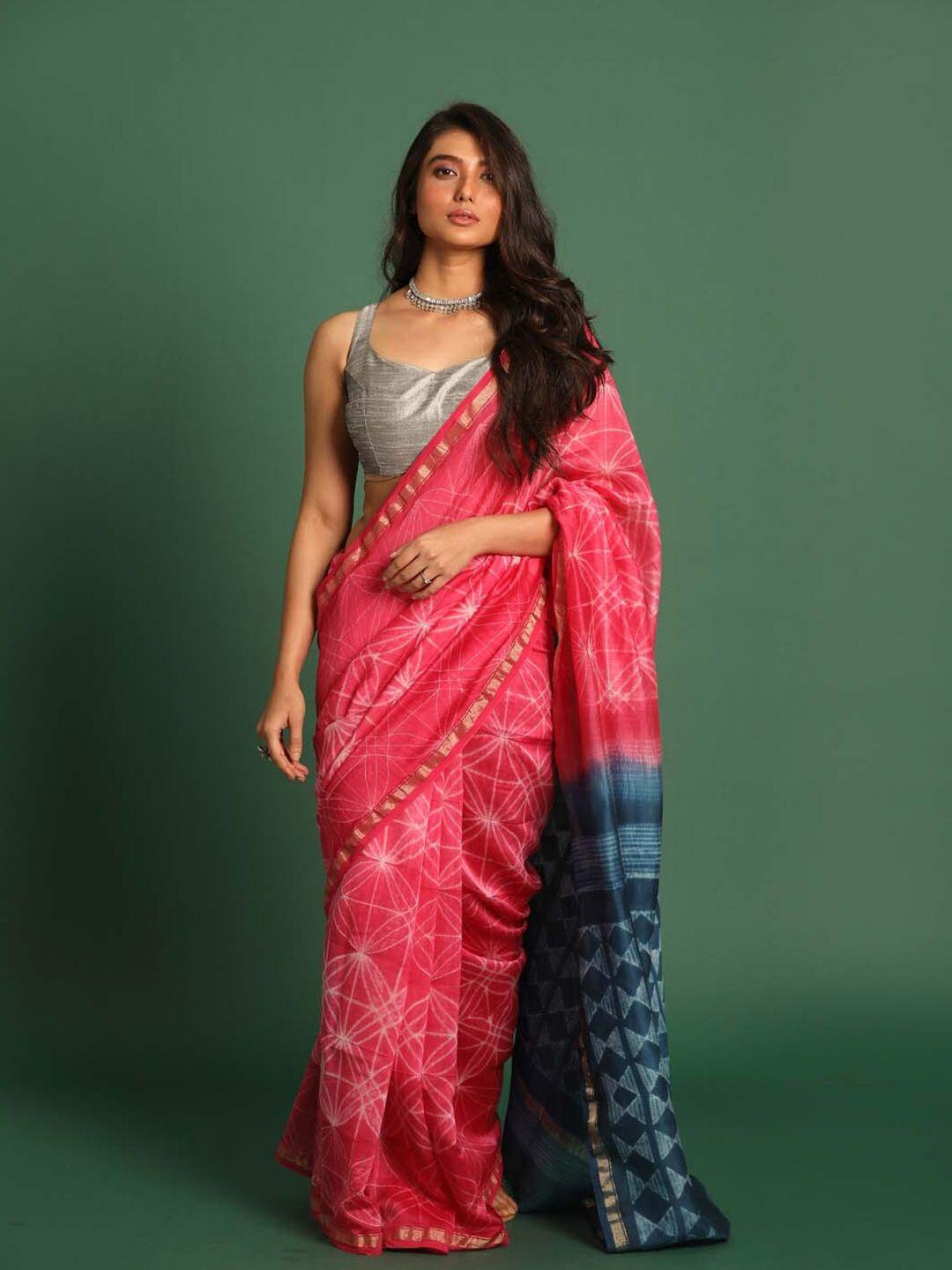 indethnic geometric printed zari silk cotton chanderi saree