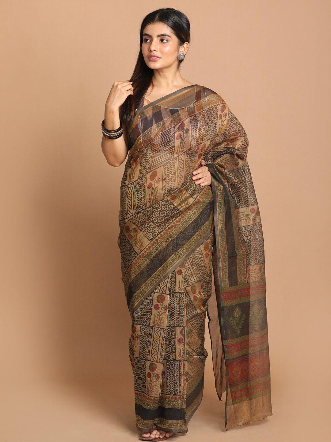 indethnic gold-coloured & black ethnic motifs supernet saree