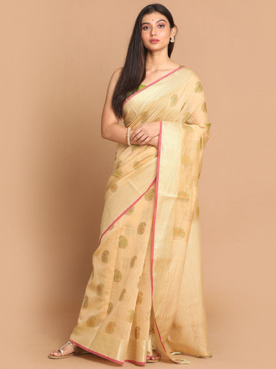 indethnic gold-toned & green ethnic motifs linen blend banarasi saree