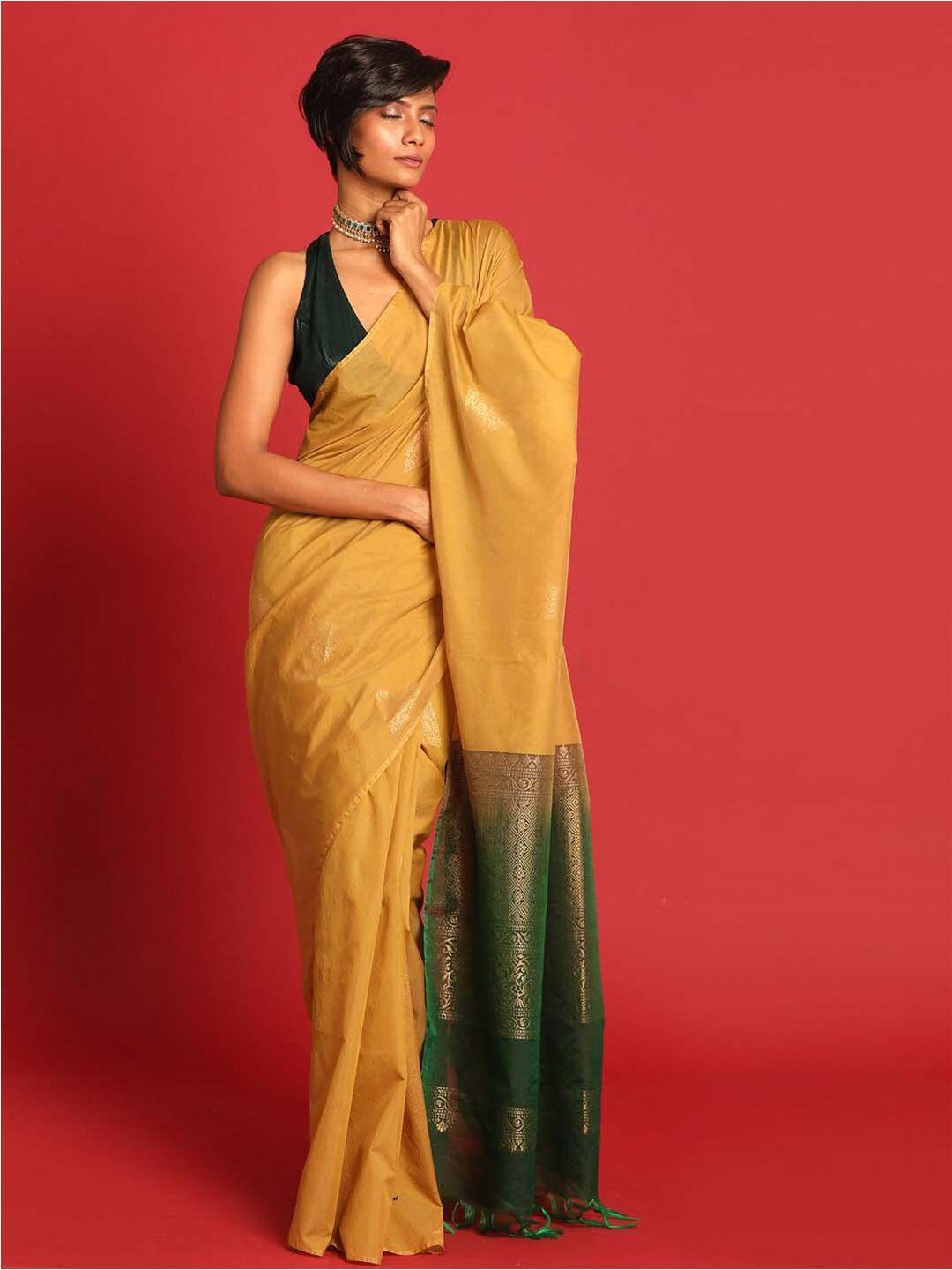 indethnic gold-toned & green woven design zari art silk pochampally saree