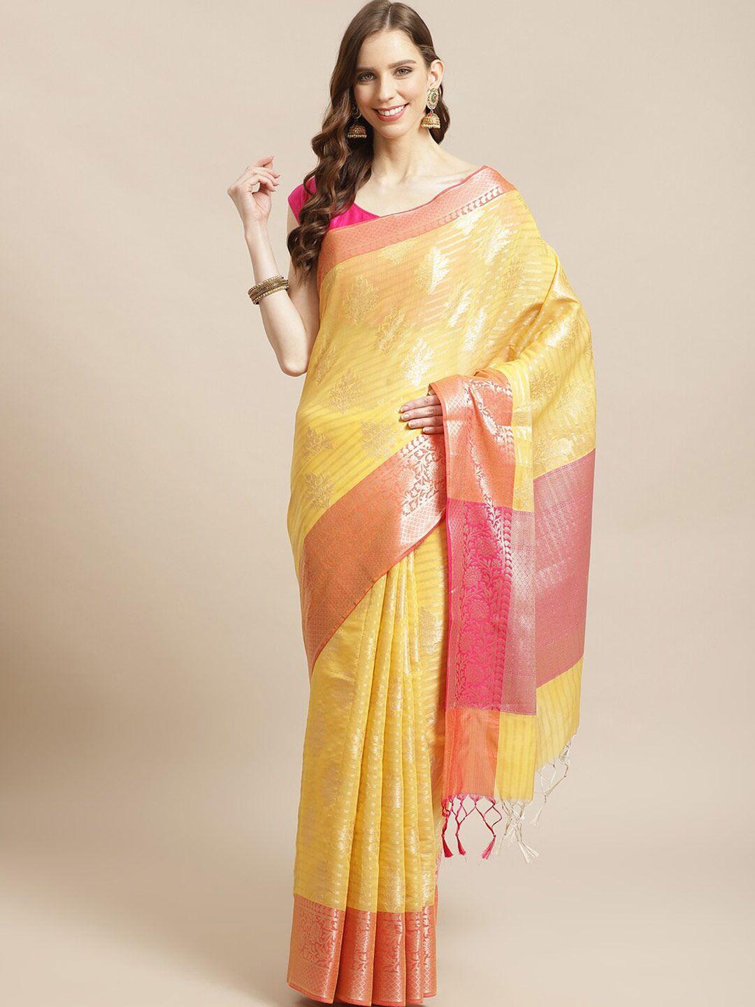 indethnic gold-toned & pink woven design zari banarasi saree