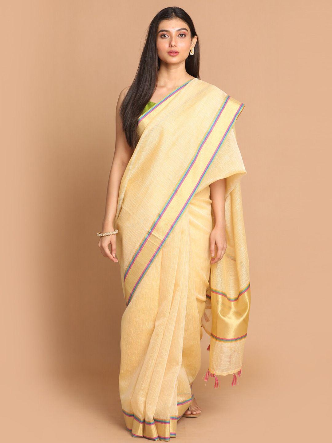 indethnic gold-toned linen blend banarasi saree