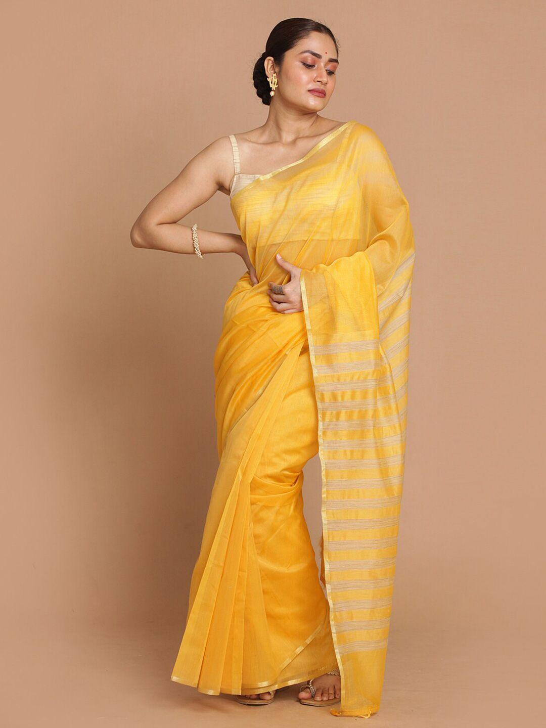 indethnic gold-toned solid cotton blend saree