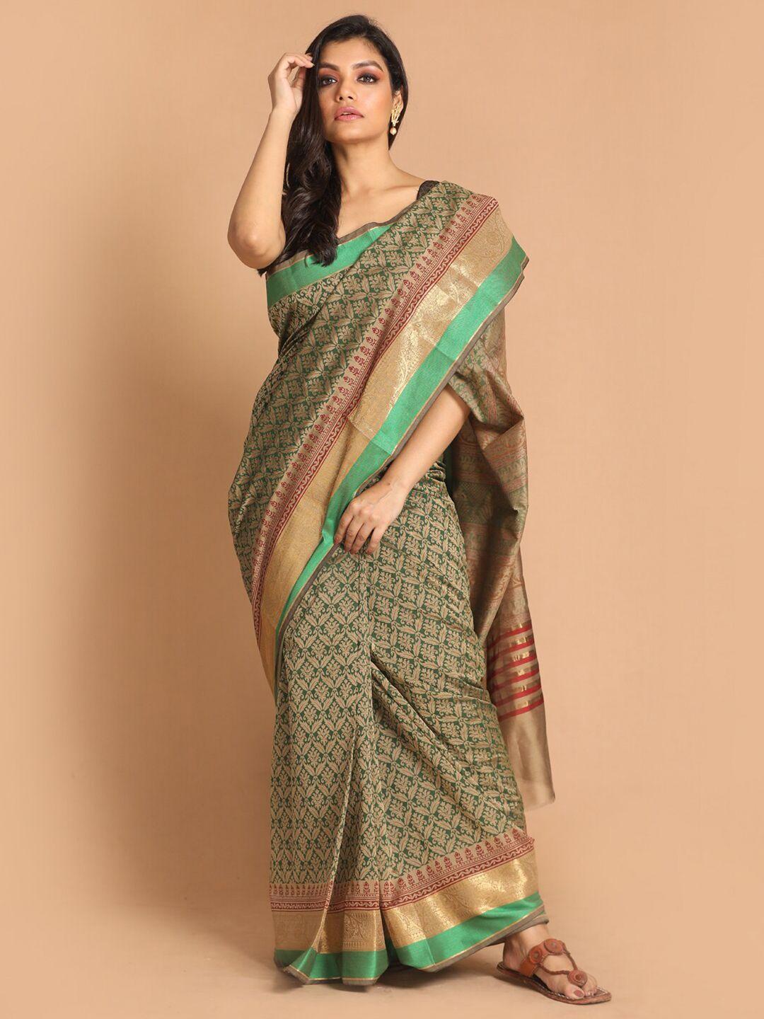 indethnic green & beige ethnic motifs zari saree