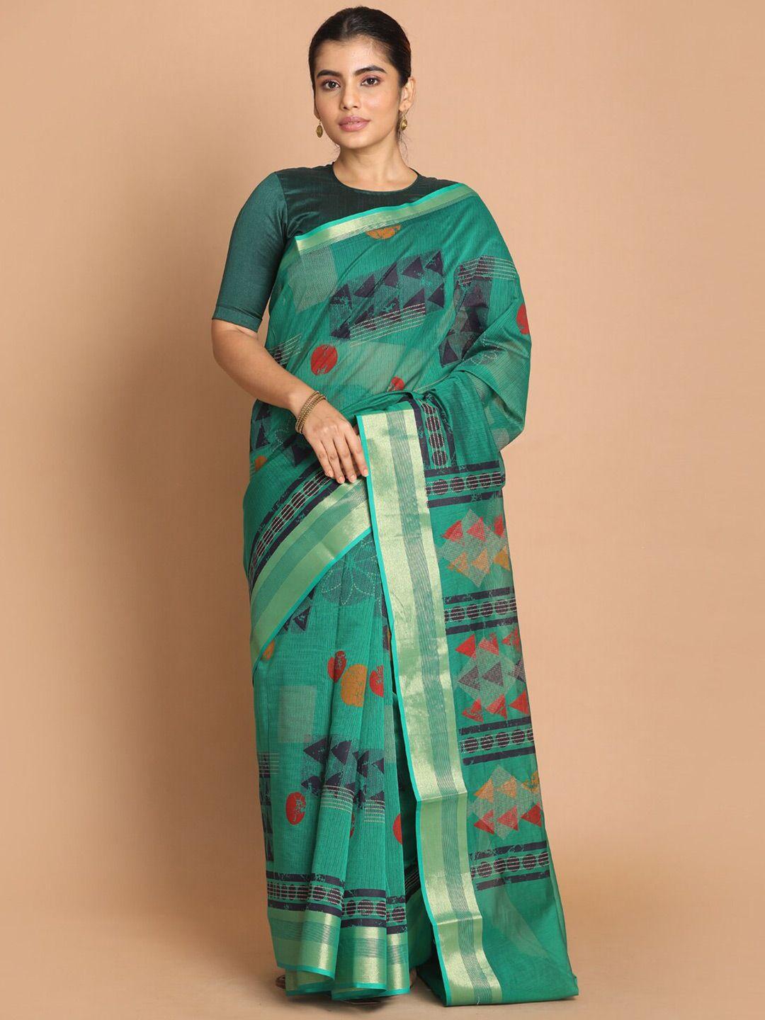 indethnic green & blue printed saree