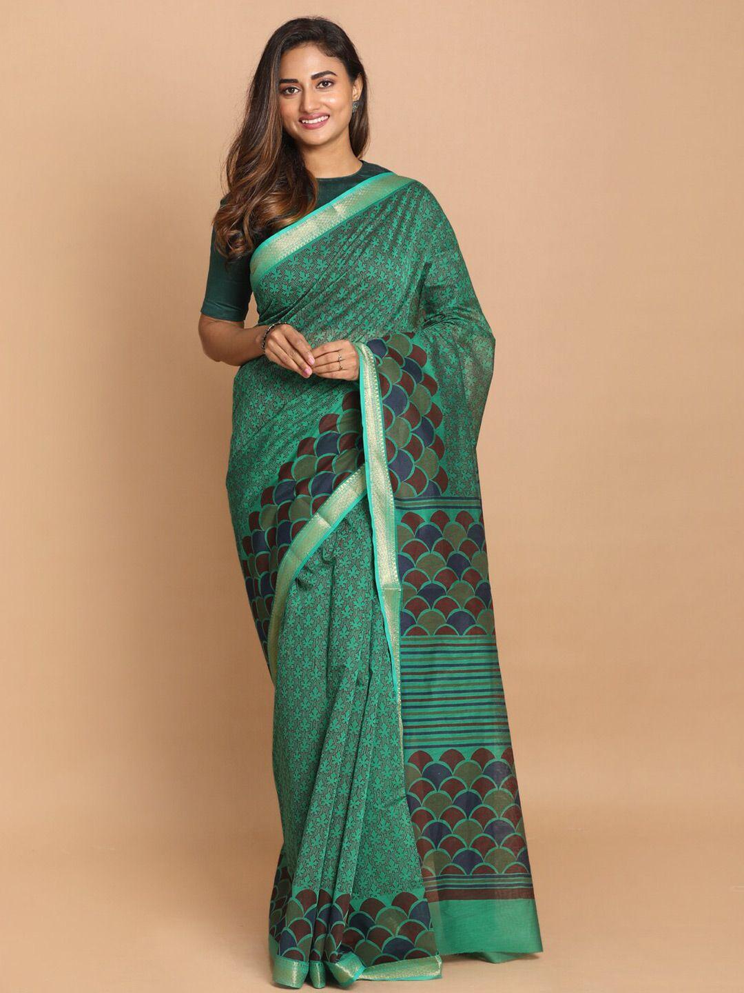 indethnic green & brown ethnic motifs printed saree